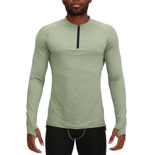 Men's tight fitting round neck long sleeved T-shirt in military green