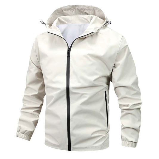 Men's single-zip hooded casual jacket in solid beige