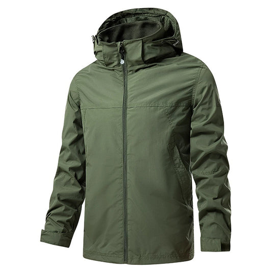 Men's casual single zip hooded jacket in solid green