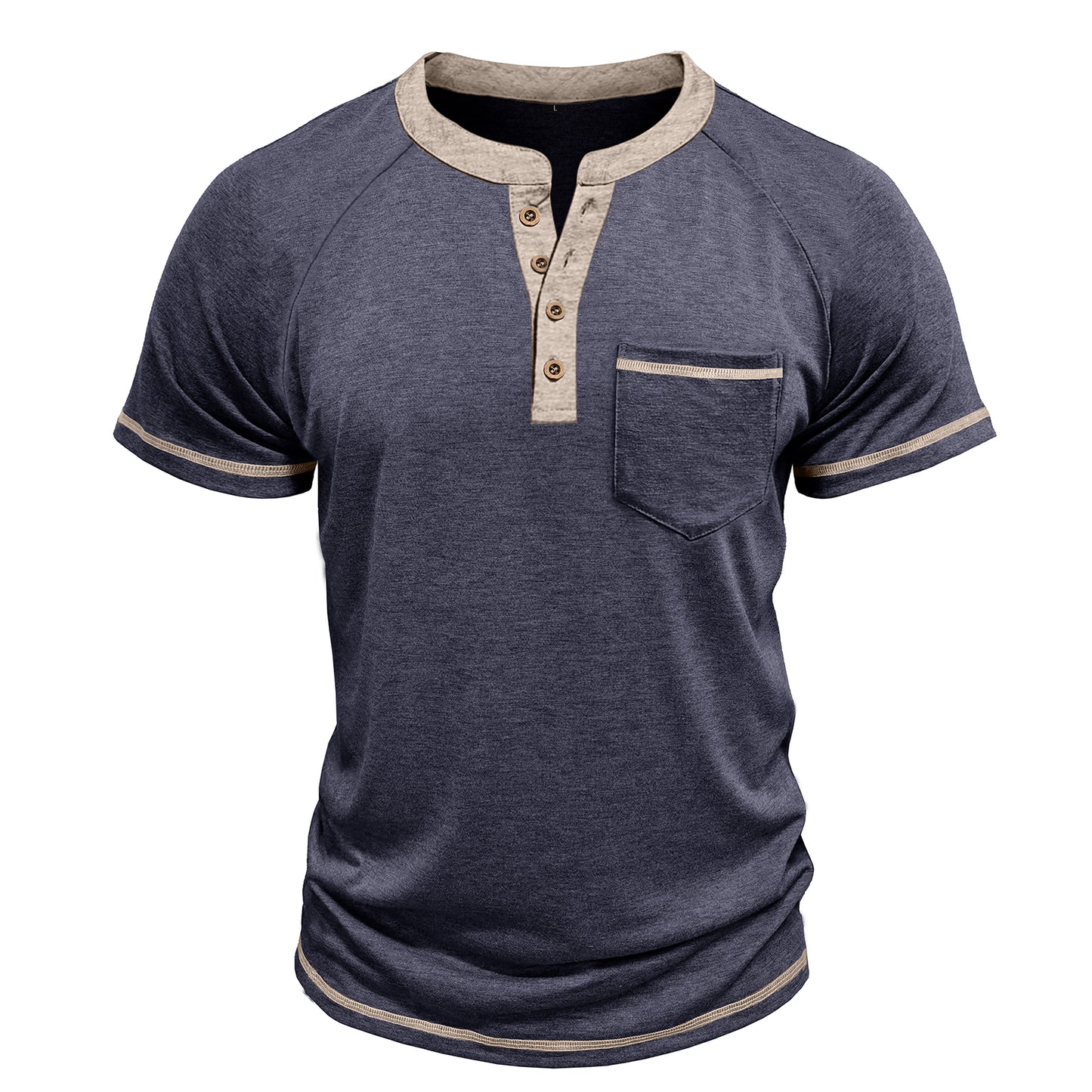 Men's solid color round neck half-breasted loose casual short-sleeved T-shirt navy blue