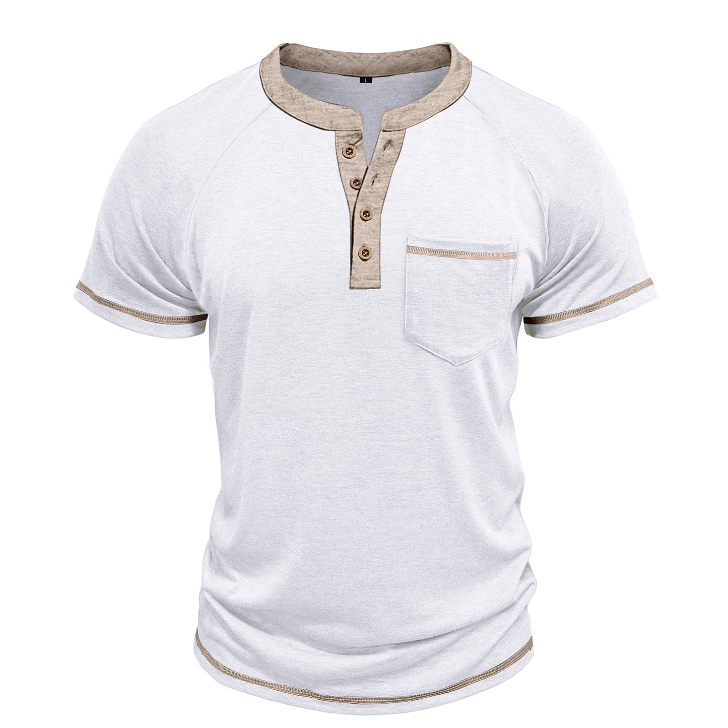 Men's solid color round neck half-breasted loose casual short-sleeved T-shirt white