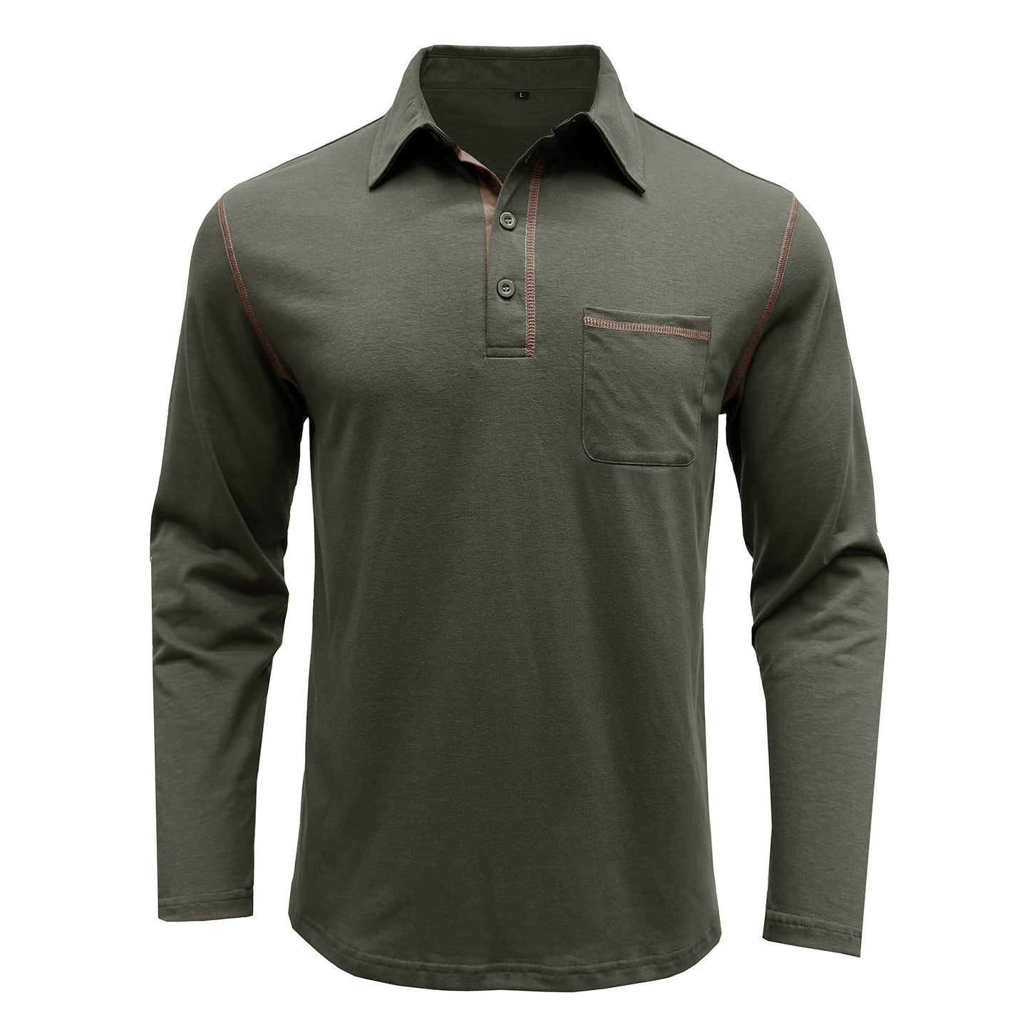 Men's solid lapel long-sleeved T-shirt army green