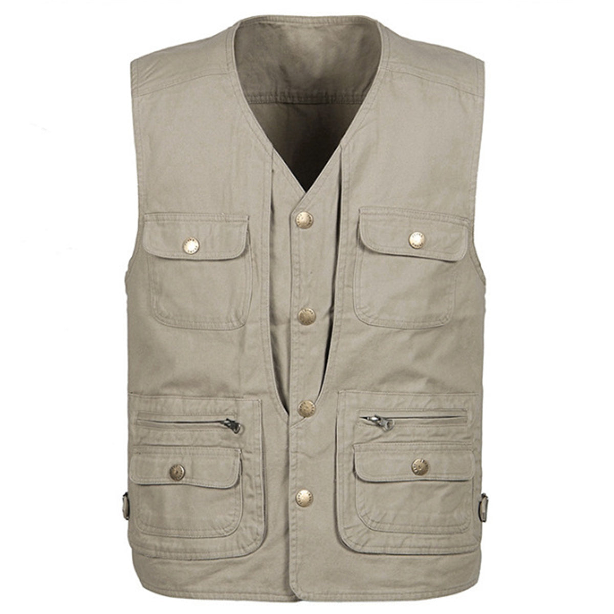 Men's solid color V-neck multi-pocket vest vest khaki