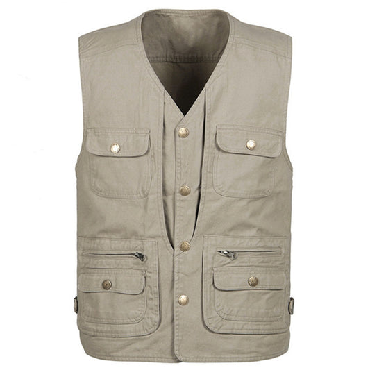 Men's solid color V-neck multi-pocket vest vest khaki