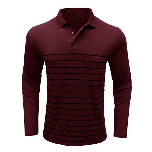 Men's lapel striped long-sleeved T-shirt wine red