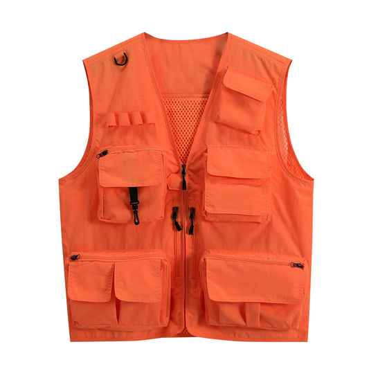 Men's V-neck solid color outdoor multi pocket casual vest orange
