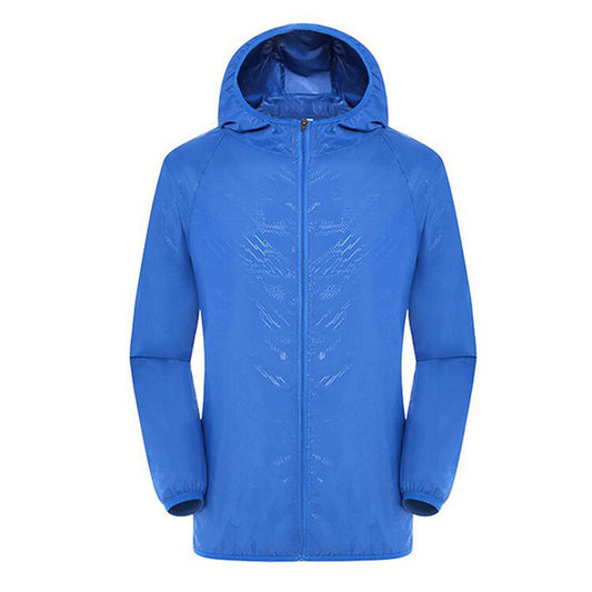 Men's solid color dark pattern zipper hooded waterproof sunscreen suit comes with a same color storage bag in navy blue