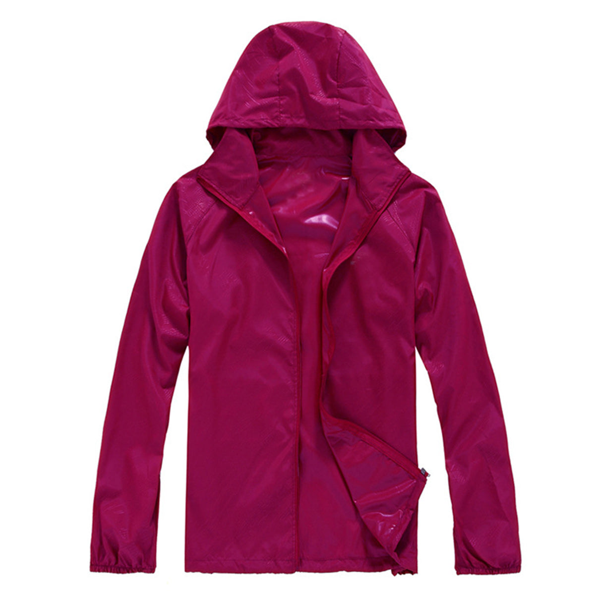 Men's solid color dark pattern zipper hooded waterproof sunscreen suit comes with a same color storage bag in deep rose red