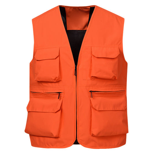 Men's solid color workwear with multiple pockets and loose vest in orange
