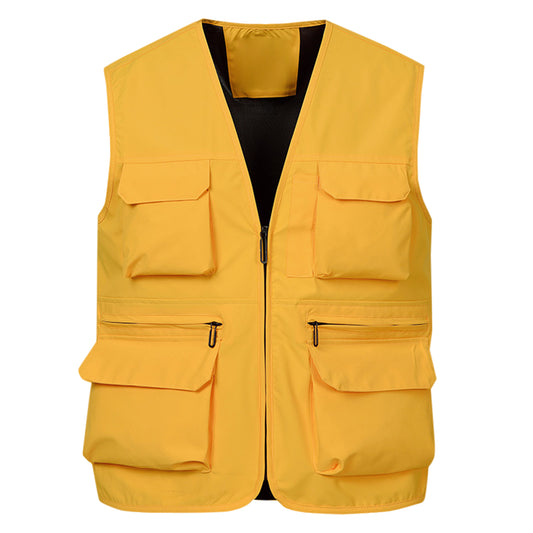 Men's solid color workwear with multiple pockets and loose vest in bright yellow