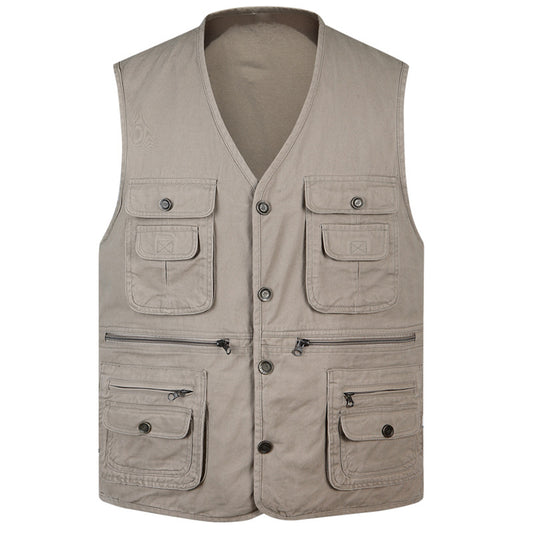 Men's solid v-neck multi-pocket vest beige