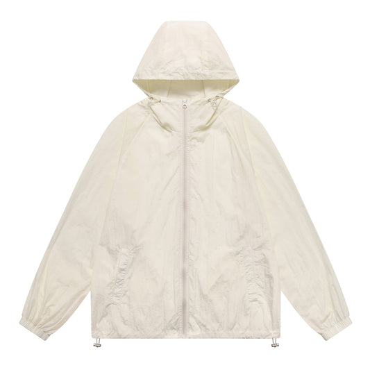 Men's solid color hooded long sleeved sunscreen suit in apricot color