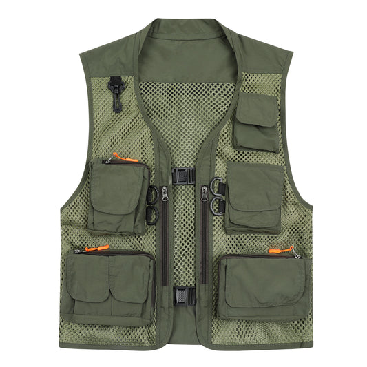 Men's solid color multi-pocket thin mesh casual vest green