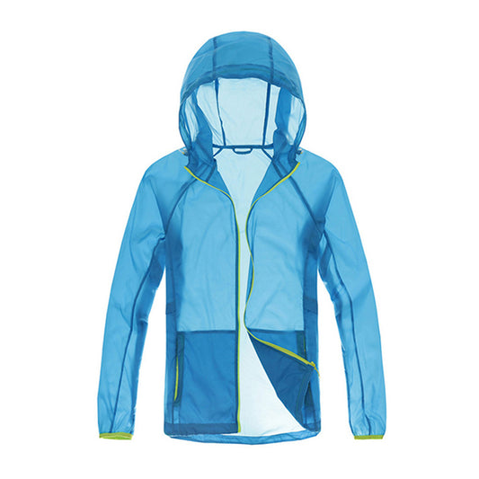 Men's solid color zipper hooded sunscreen clothing comes with a same color storage bag