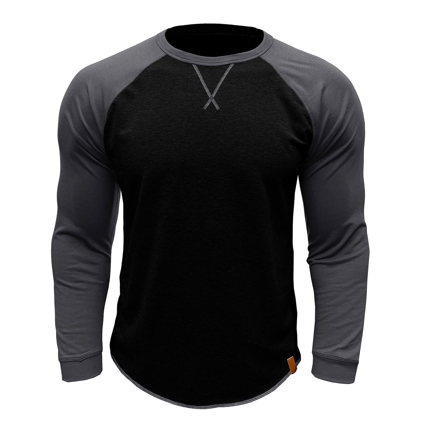 Men's long sleeved round neck casual T-shirt black with gray