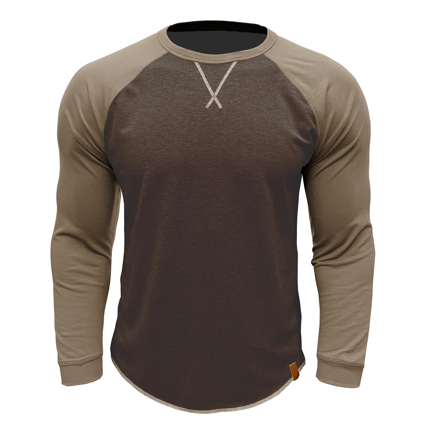 Men's long sleeved round neck casual T-shirt brown with khaki