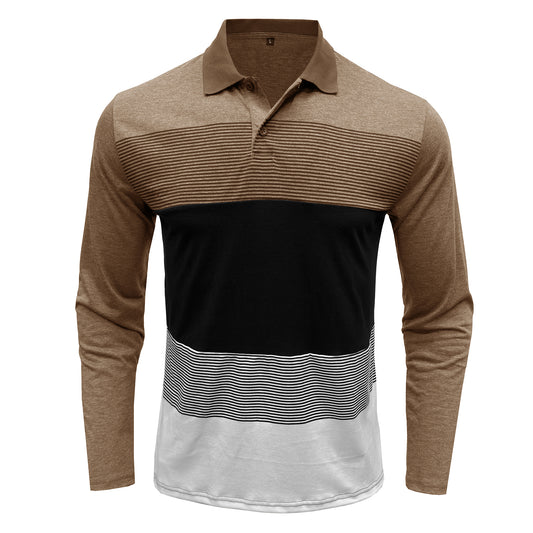 Men's color-block lapel striped long-sleeved T-shirt khaki