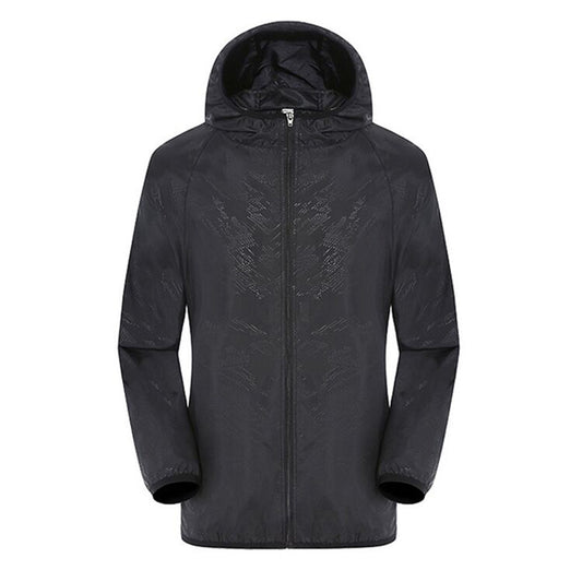 Men's solid color dark pattern zipper hooded waterproof sunscreen suit comes with a black storage bag in the same color