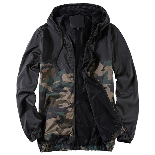 Men's hooded drawstring jacket black + camouflage color