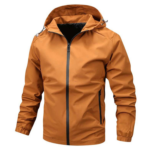 Men's single-zip hooded casual jacket in solid orange