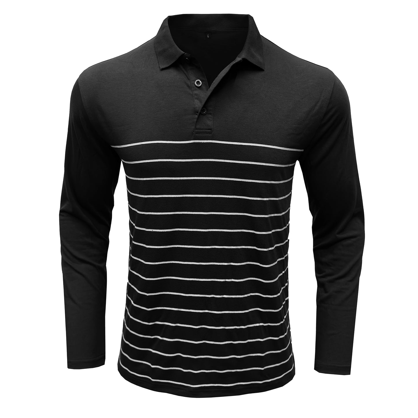 Men's lapel striped long-sleeved T-shirt black