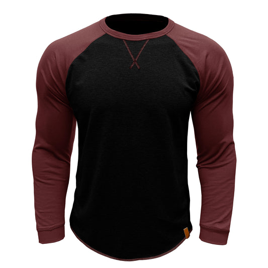 Men's long sleeved round neck casual T-shirt black with wine red