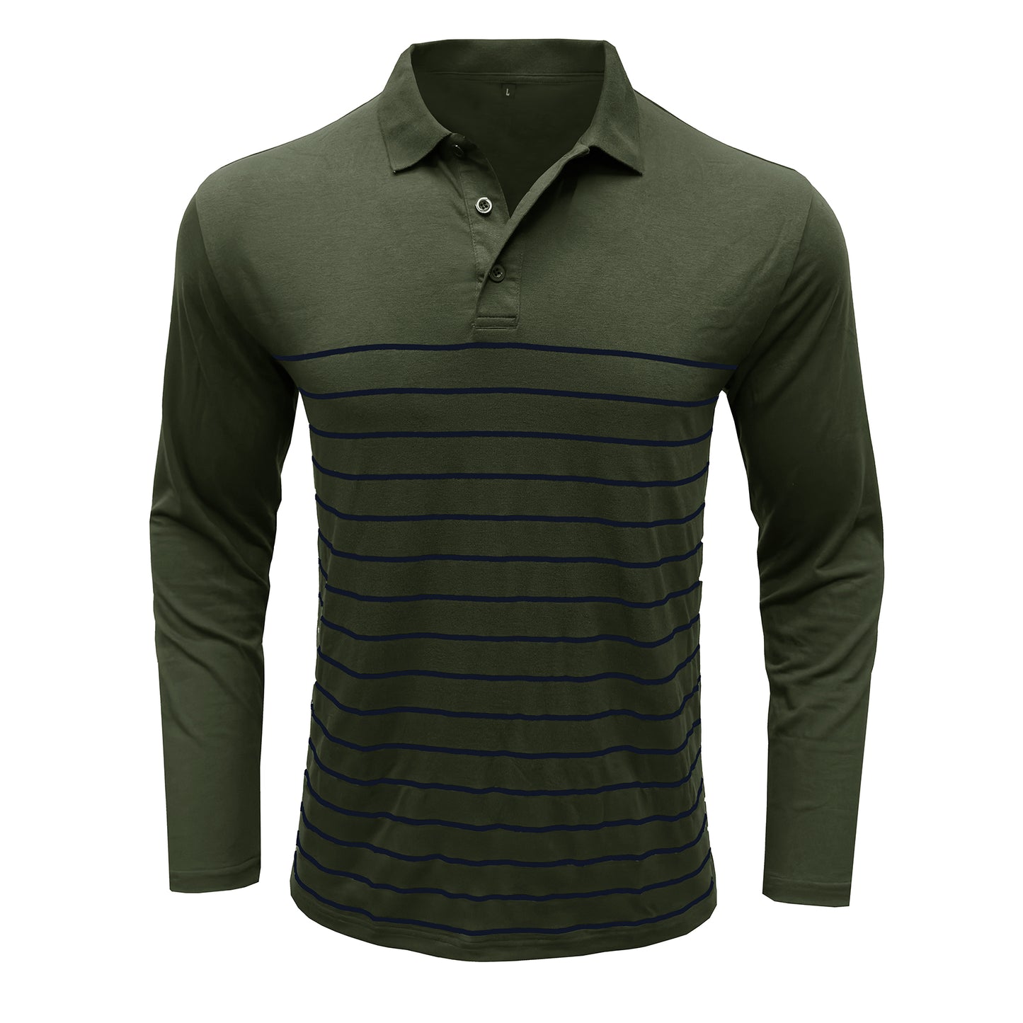Men's lapel striped long-sleeved T-shirt army green