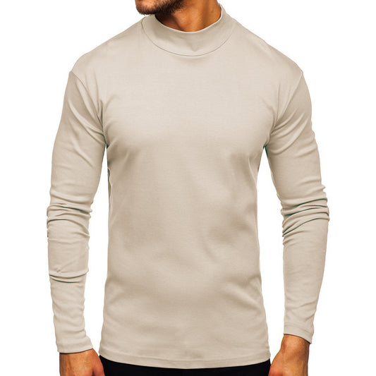 Men's solid color high neck long sleeved T-shirt in apricot color