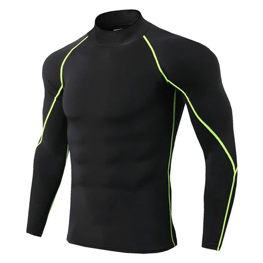 Men's solid color stand up collar long sleeved T-shirt with black background and green line