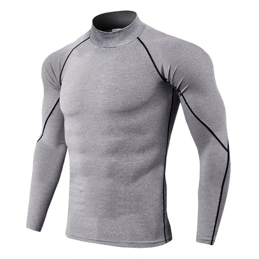 Men's solid color stand up collar long sleeved T-shirt with gray background and black line
