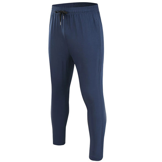 Men's solid color slim fit straight tube drawstring quick drying sports pants in navy blue