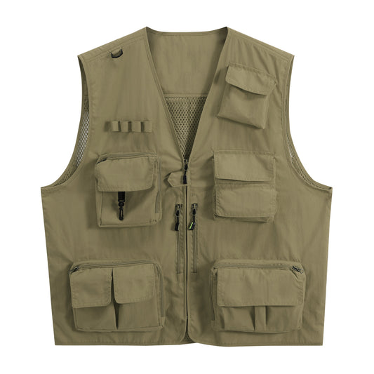 Men's V-neck solid color outdoor multi pocket casual vest khaki