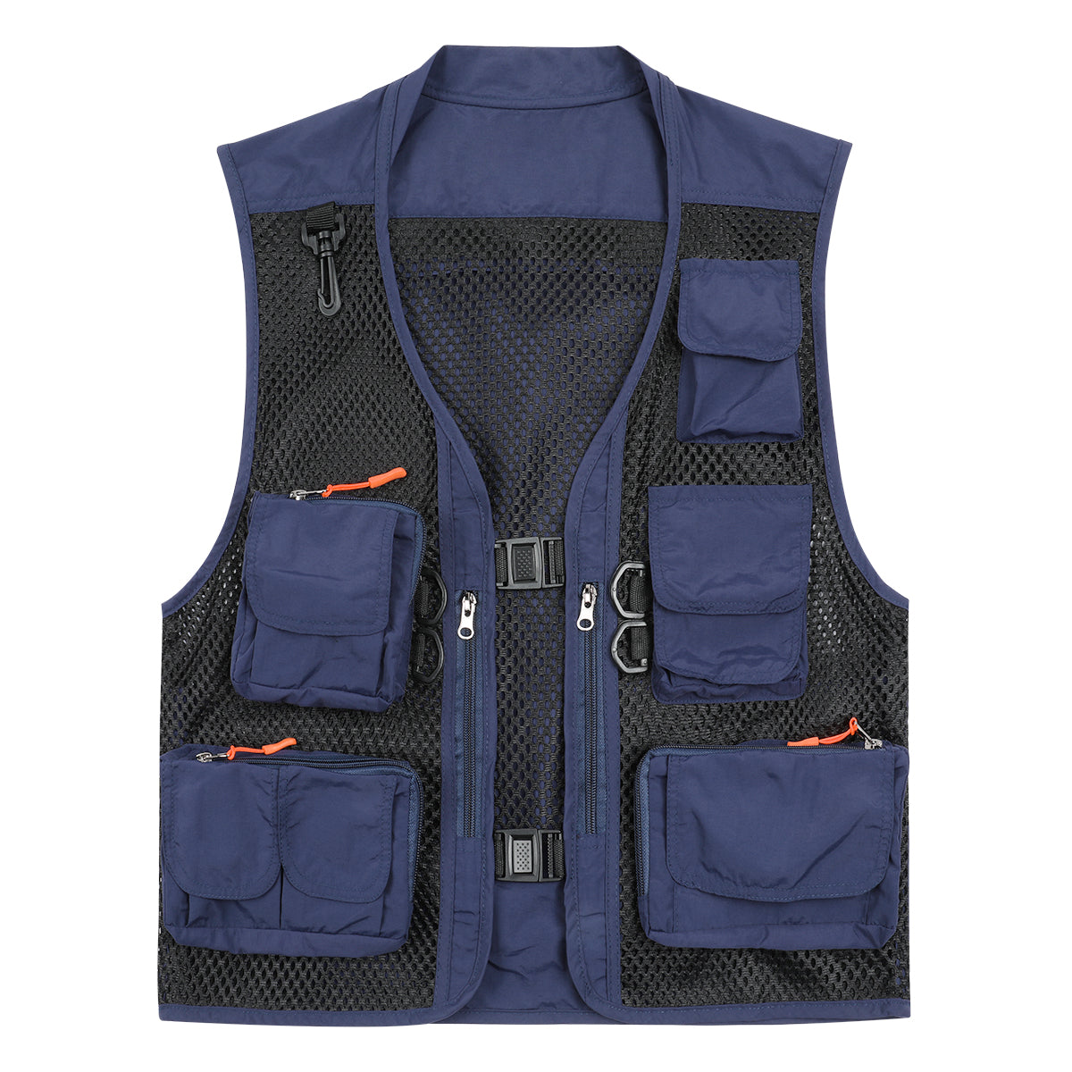 Men's solid color multi-pocket thin mesh casual vest blue