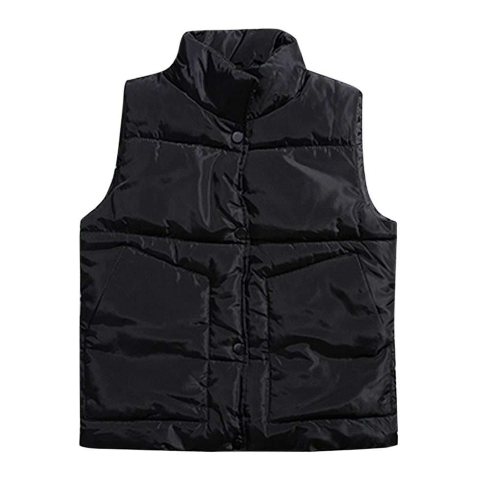 Men's solid color stand up collar button cotton coat vest black
