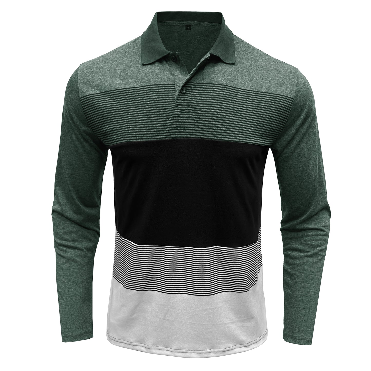 Men's color-block lapel striped long-sleeved T-shirt green