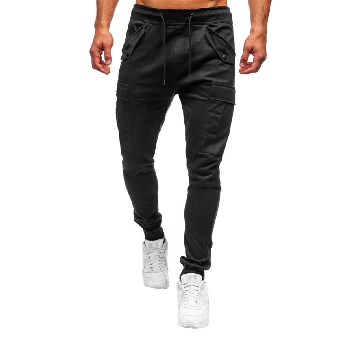 Men's solid color drawstring multi pocket sports casual pants black