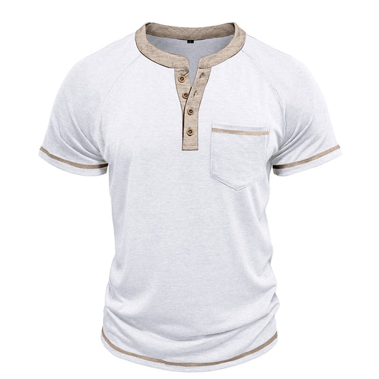 Men's solid color round neck half-breasted loose casual short-sleeved T-shirt white