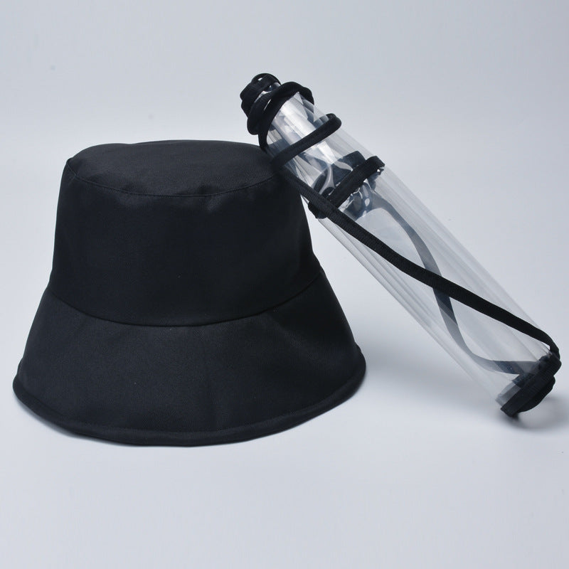 Wearing a transparent face mask and fisherman's hat