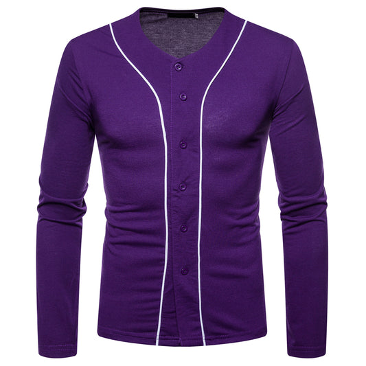 Men's multi-button cardigan base layer long sleeve T-shirt blue