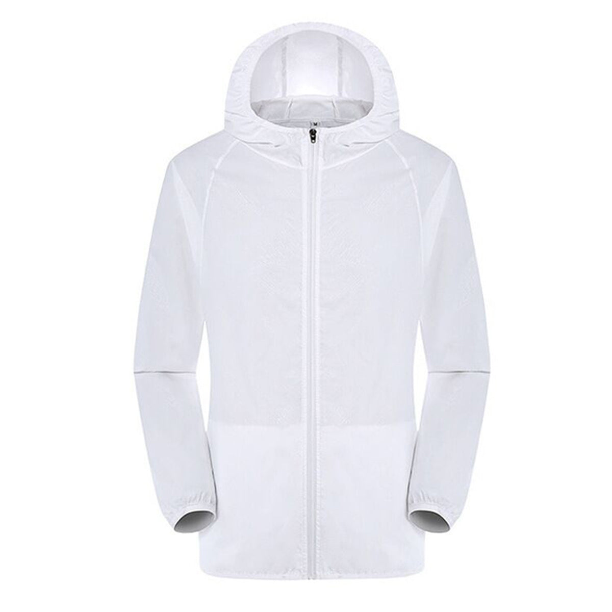 Men's solid color dark pattern zipper hooded waterproof sunscreen suit comes with a white storage bag in the same color