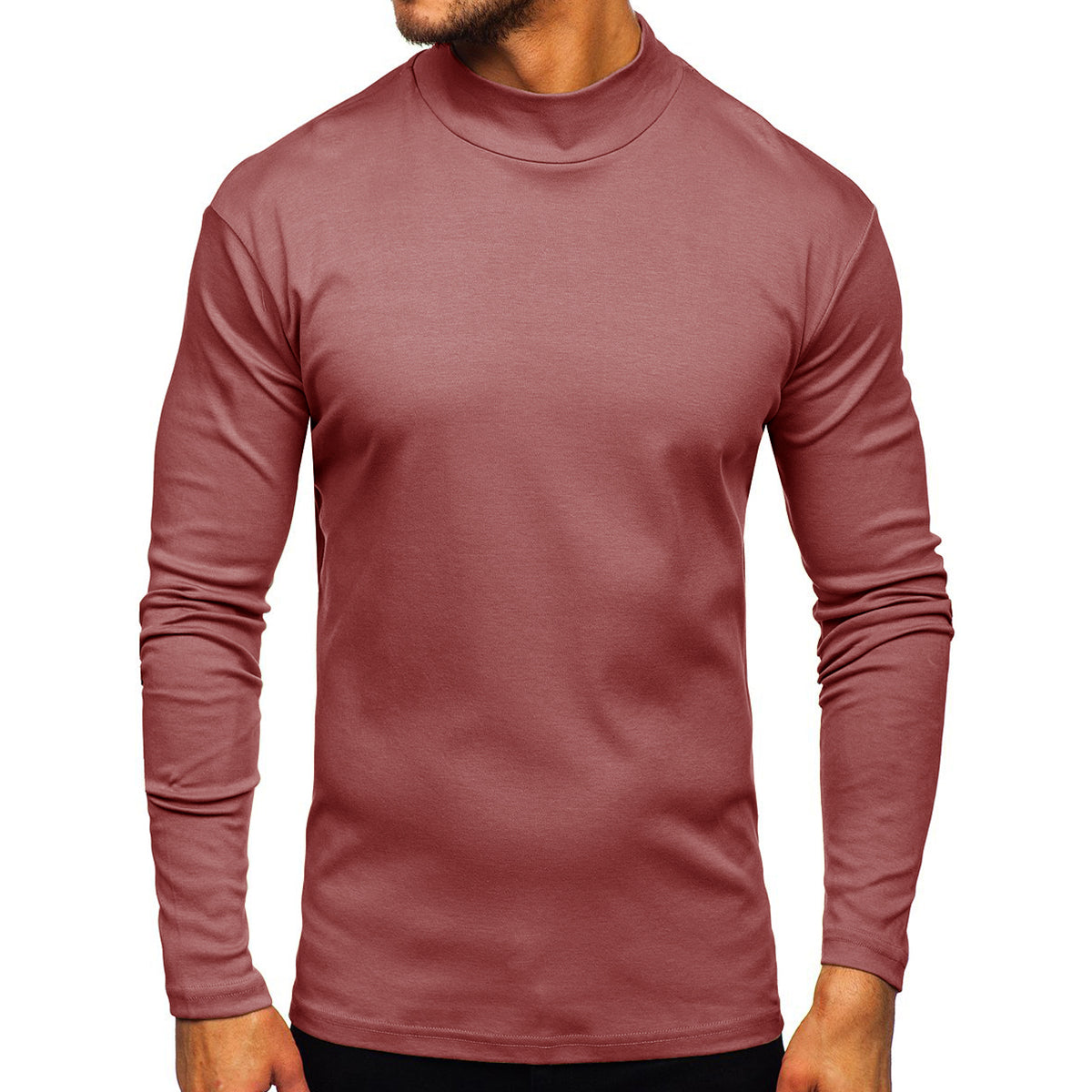 Men's solid color high neck long sleeved T-shirt embroidered red