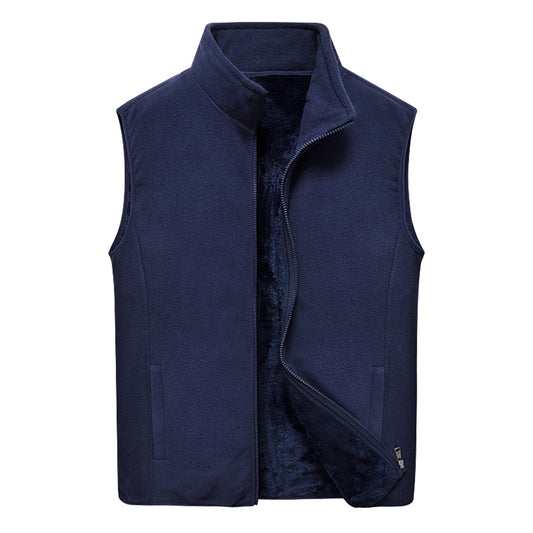 Men stand collar solid color warm vest dark blue