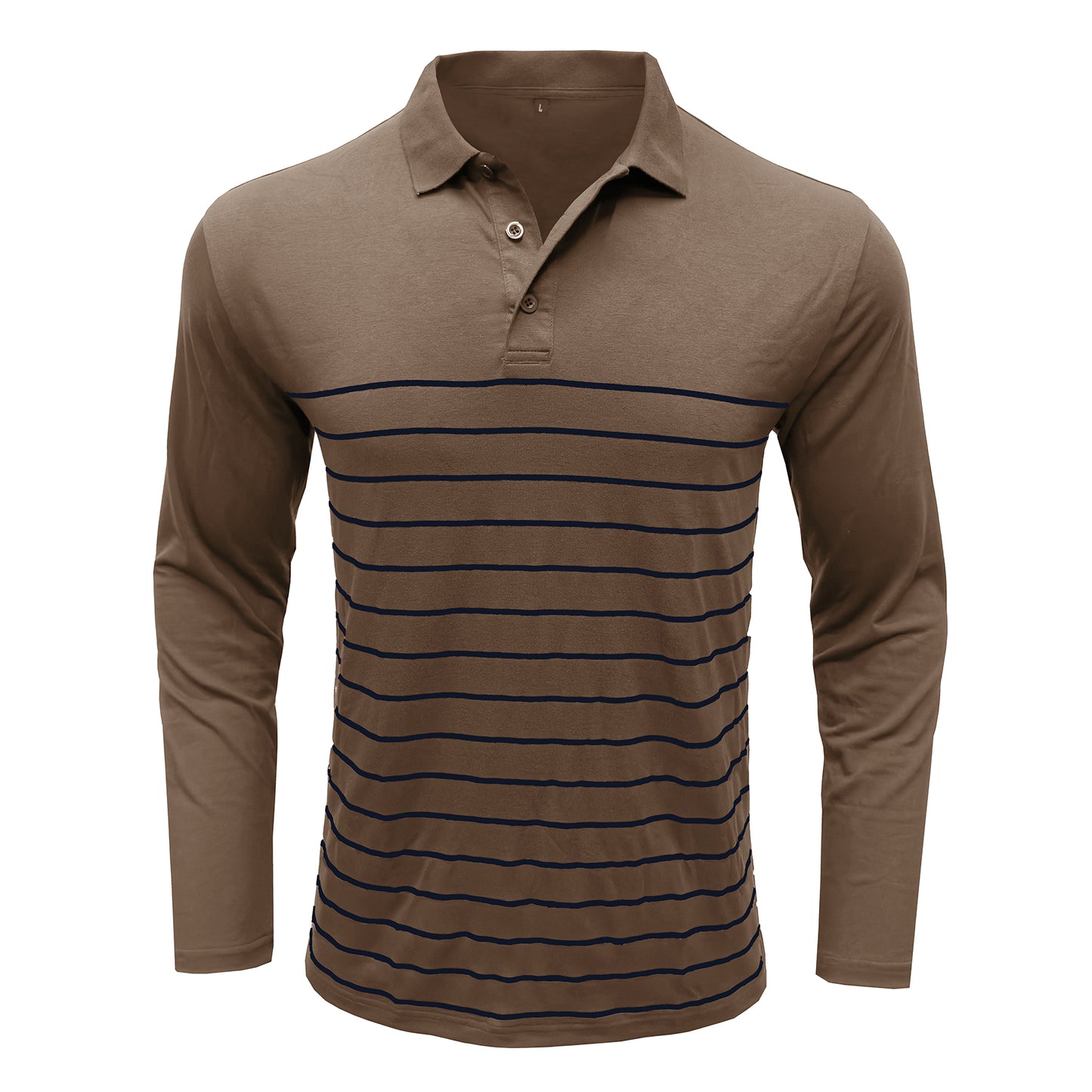 Men's lapel striped long-sleeved T-shirt khaki