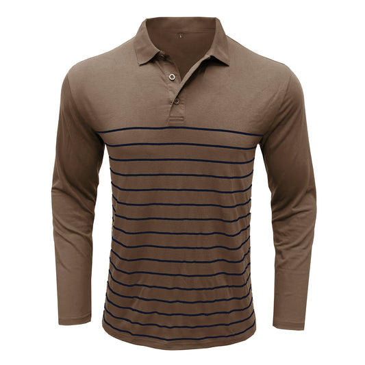 Men's lapel striped long-sleeved T-shirt khaki