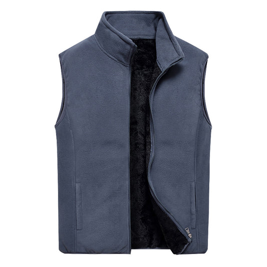 Men stand collar solid color warm vest dark gray