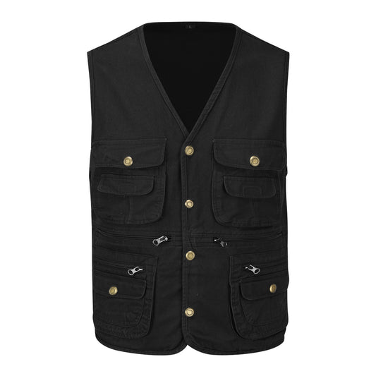 Men's solid v-neck multi-pocket vest black