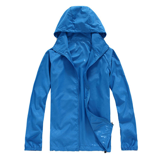 Men's solid color dark pattern zipper hooded waterproof sunscreen suit comes with a same color storage bag in navy blue