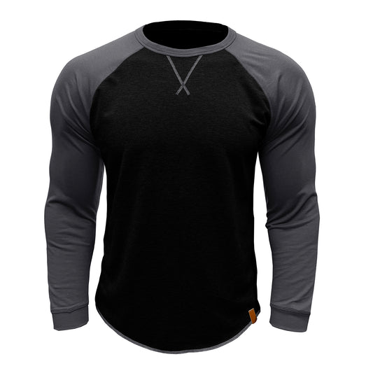 Men's long sleeved round neck casual T-shirt black with gray