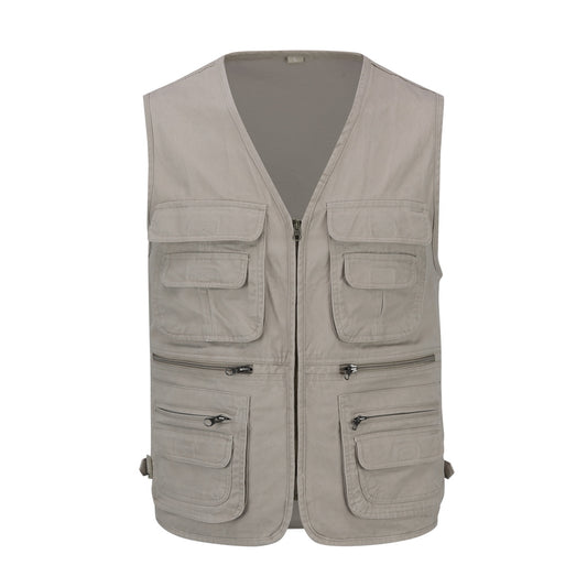 Men's solid v-neck multi-pocket vest beige