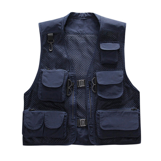 Men's solid mesh multi-pocket vest vest navy blue